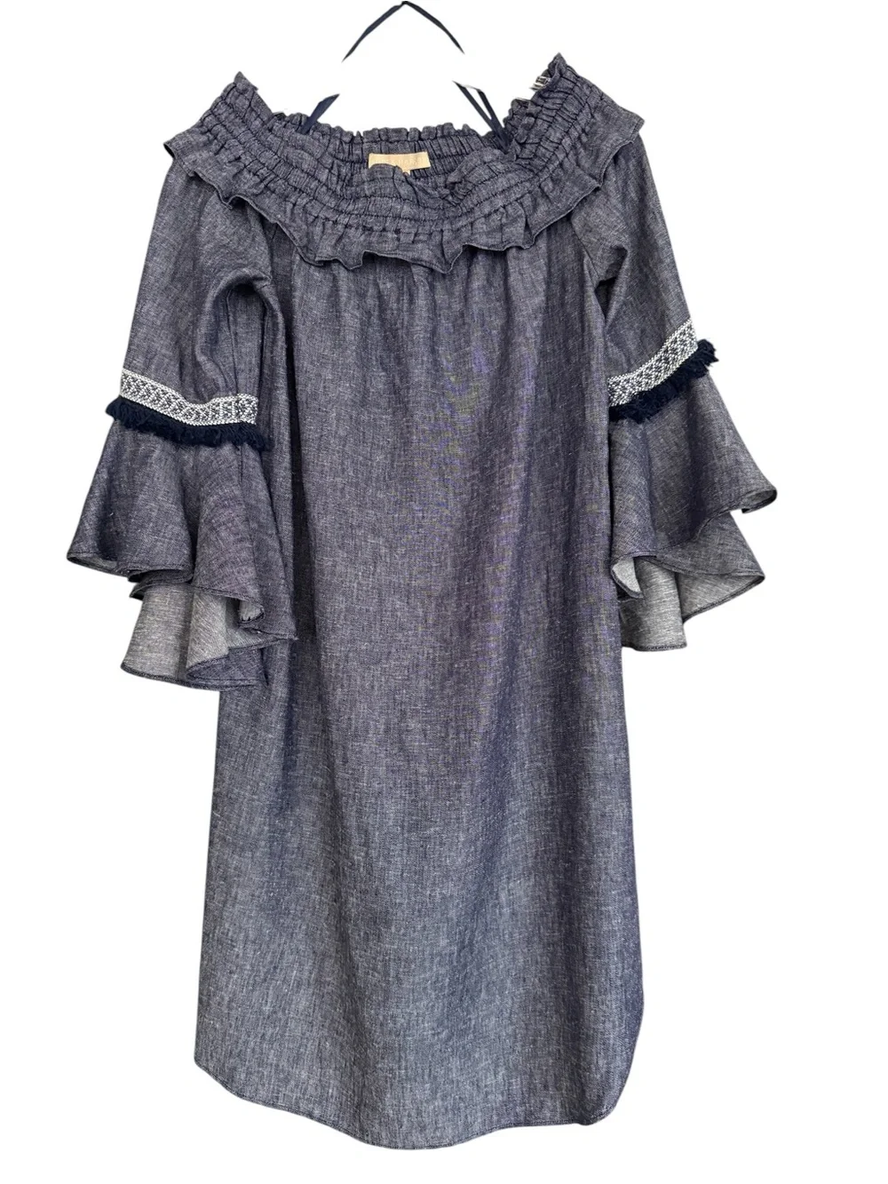 Hope & Harlow Linen Blend Off Shoulder Bell Sleeve Fringe Trim Denim Dress SZ 6